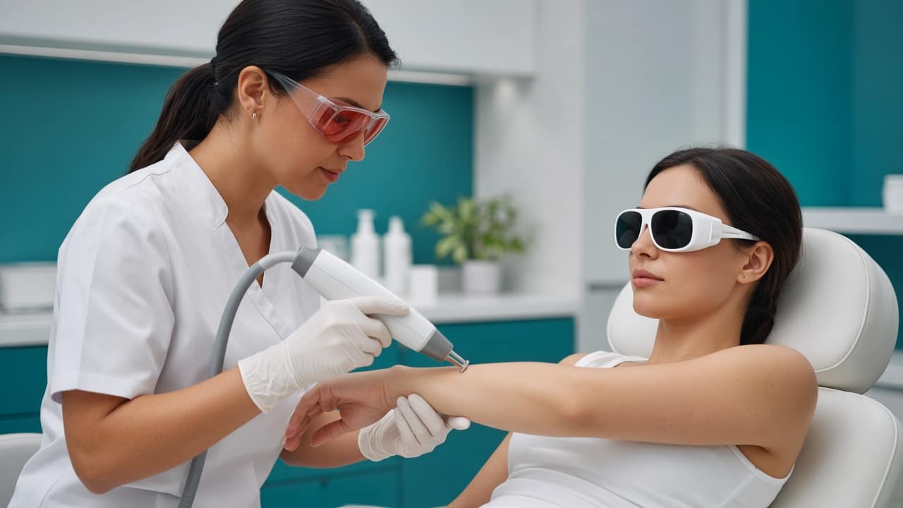 Clinician holding a laser device near a patient's forearm