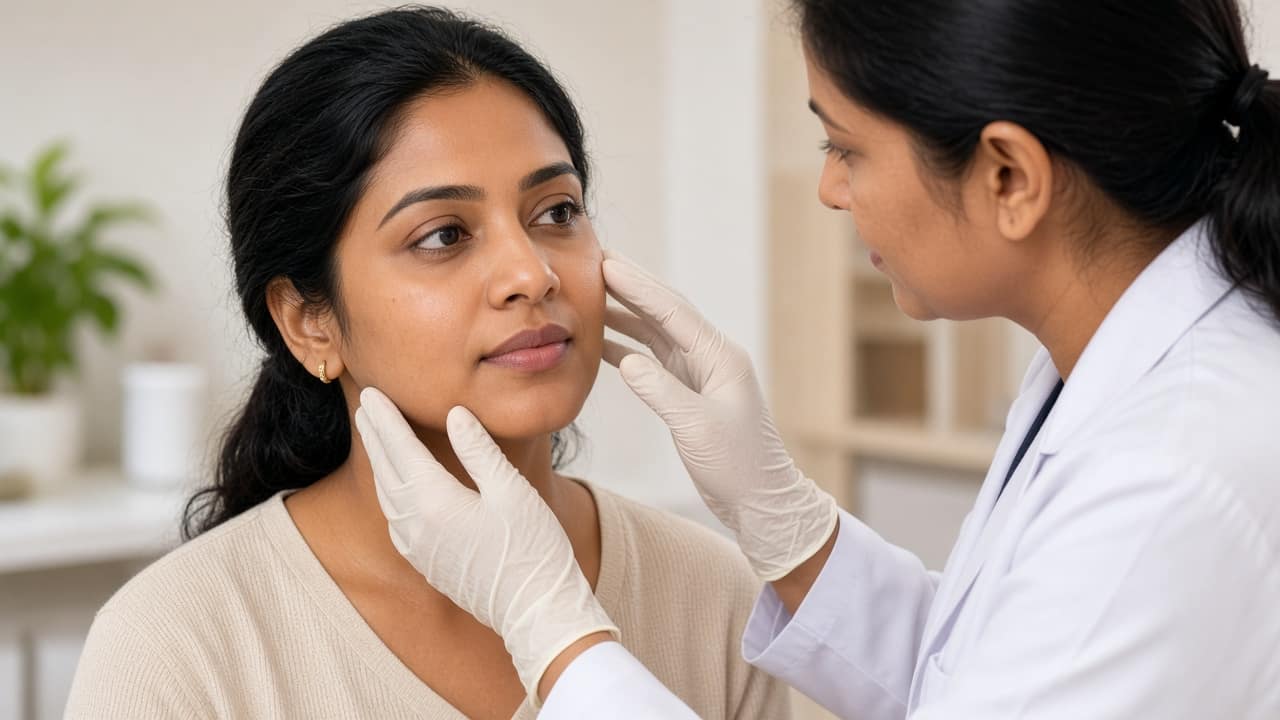 Dermatologist in white gloves examining a woman's cheeks and jaw