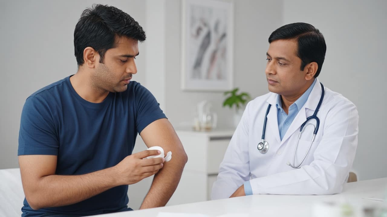 Patient applying cream to an elbow while a dermatologist watches