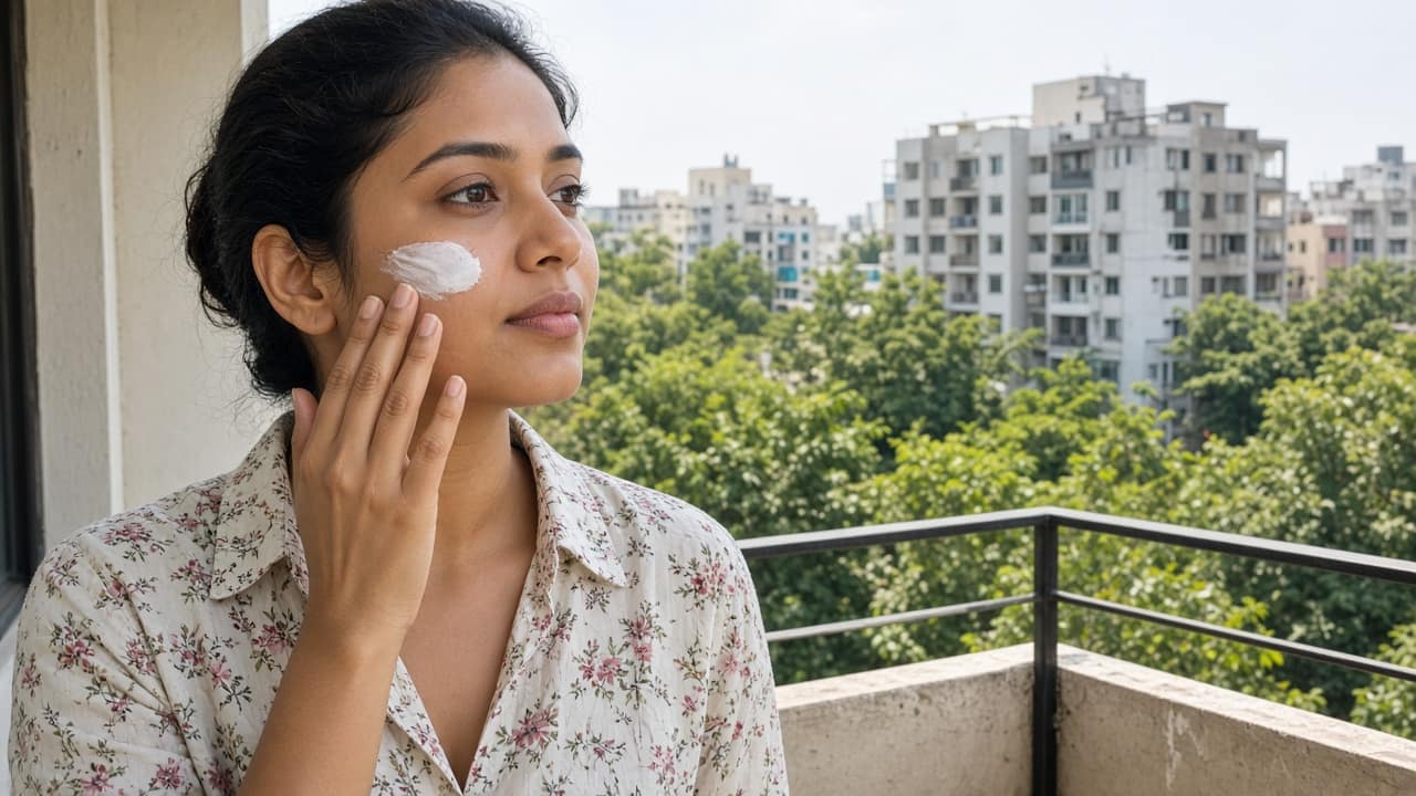 Woman applying white cream to her cheek on a balcony overlooking apartment blocks and trees