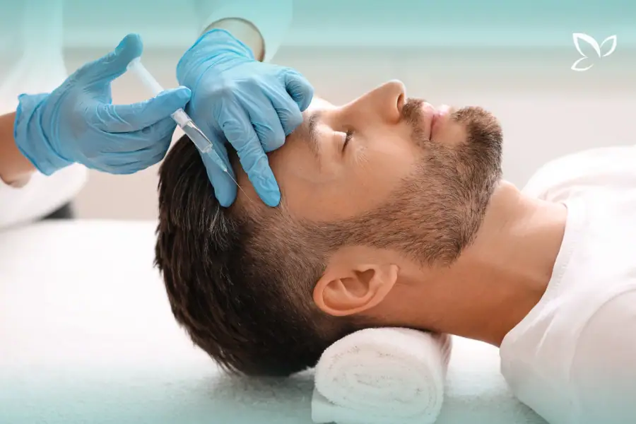 Clinician injecting the hairline of a man lying down